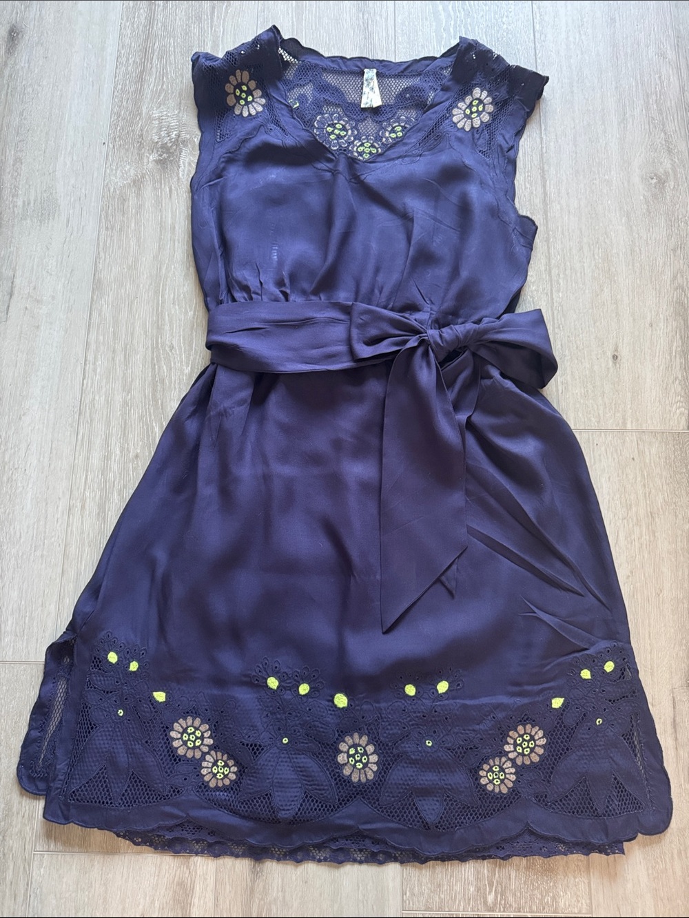 Maeve Navy Blue Floral Lace Midi Dress with Self-Tie Belt